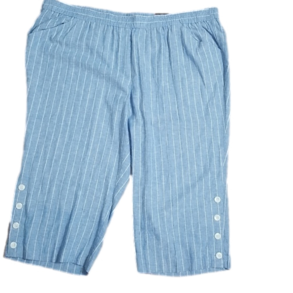 NWT Avenue Plus Size 30/32 Blue Striped Linen Pull On Capri Pants